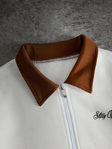 PAVTROS Men's Casual Letter Pattern Contrast Color Collar Zip-Up Jacket And Pants Set, Autumn Mens Two Piece Set Men White Pants Set Men 2 Piece Set Patched Men 2 Piece Set Mens 2 Piece Outfits White