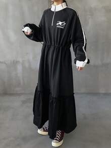 FRIFUL Women's Striped & Letter Print Zip-Up Long Sleeve Dress - Black - View 7
