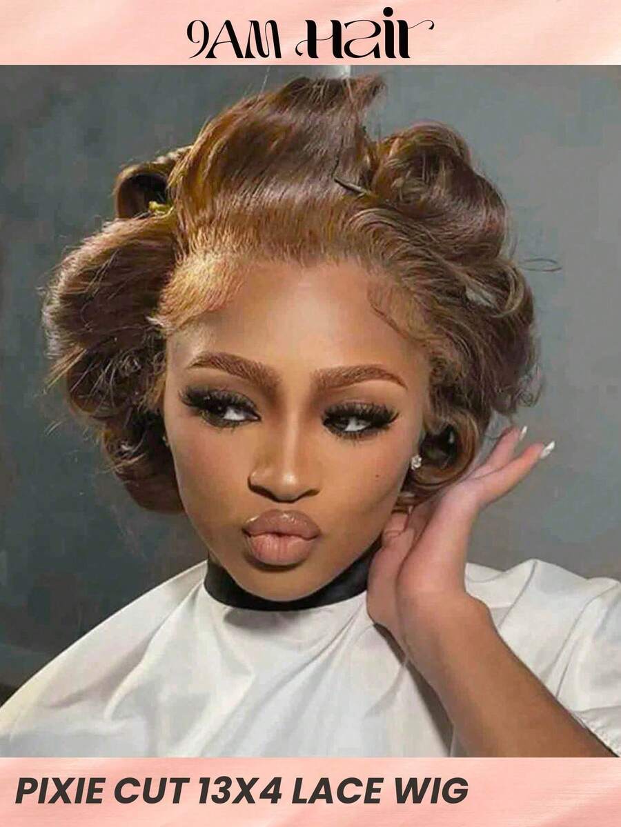 蕾丝前部真人发假发 13x4 短卷波浪精灵短发真人发假发真正实惠的蕾丝前部假发便宜的耳对耳假发适合初学者 - S4 - 查看 1