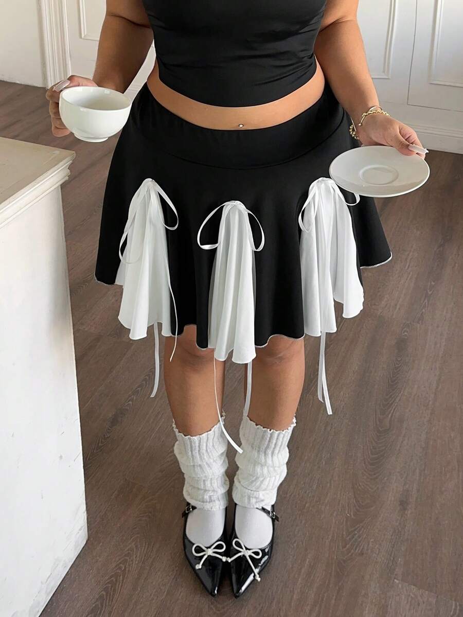 POPSWAY Plus Size Casual Cinched Waist Contrast Color Patchwork A-Line Skirt Shorts - Black and White - View 1