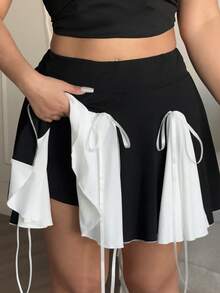 POPSWAY Plus Size Casual Cinched Waist Contrast Color Patchwork A-Line Skirt Shorts - Black and White - View 7