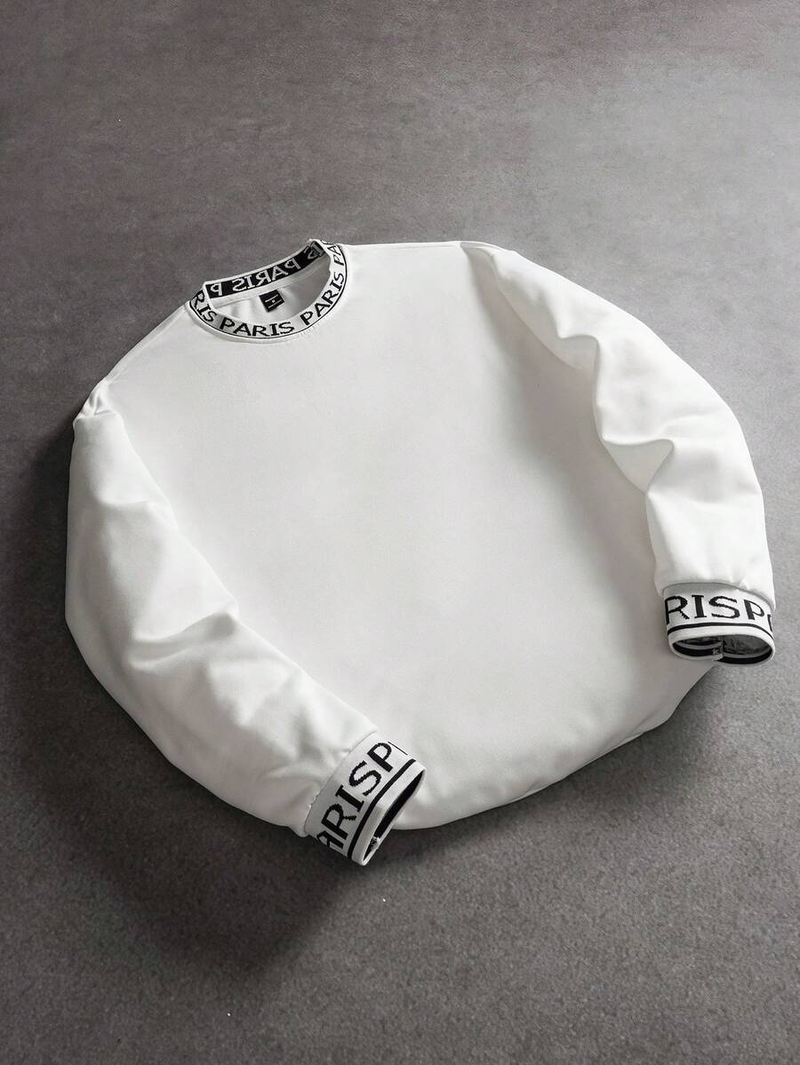 SLATEMANN 男士落肩卫衣,带字母细节编织带装饰,外出圆领字母长袖休闲卫衣,适合朋友、丈夫、男朋友的礼物,适合秋季 - 白色 - 查看 1