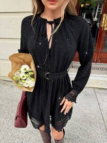 Serisse 女士优雅通勤亮片蕾丝拼接迷你连衣裙 - 黑色 - 查看 6