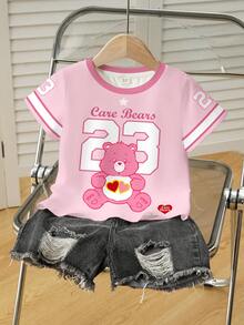 SHEIN X Care Bears Young Girl Summer Cute Bear Print Round Neck Short Sleeve T-Shirt - White - View 1