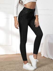 EURMUSE Cotton Zipper Fly Cropped Skinny Jeans - Black - View 5