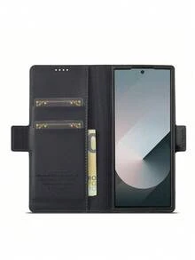 时尚商务仿皮手机壳，兼容三星 Galaxy Z Fold 7 6 5 4 3，带笔槽和3个卡槽，防盗毛绒钱包式保护套 - 黑色 - 查看 8