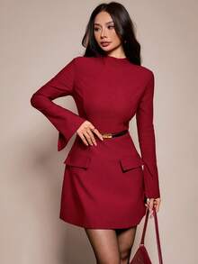 SHEIN PETITE 女士纯色立领长袖优雅简约休闲连衣裙，适合秋季办公室穿着，也适合新年、派对、节日、圣诞节、感恩节、冬季、秋季等各种场合。 - 酒紅色 - 查看 7