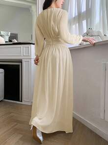 Modelyn Women's Elegant Solid Color Cinched Waist Dress, Suitable For Parties - Apricot - View 2