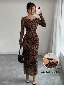 Selianne Elegant Fitted Metal Decor Hollow Out Shoulder Dress, Sexy Leopard Print For Women - Brown - View 1
