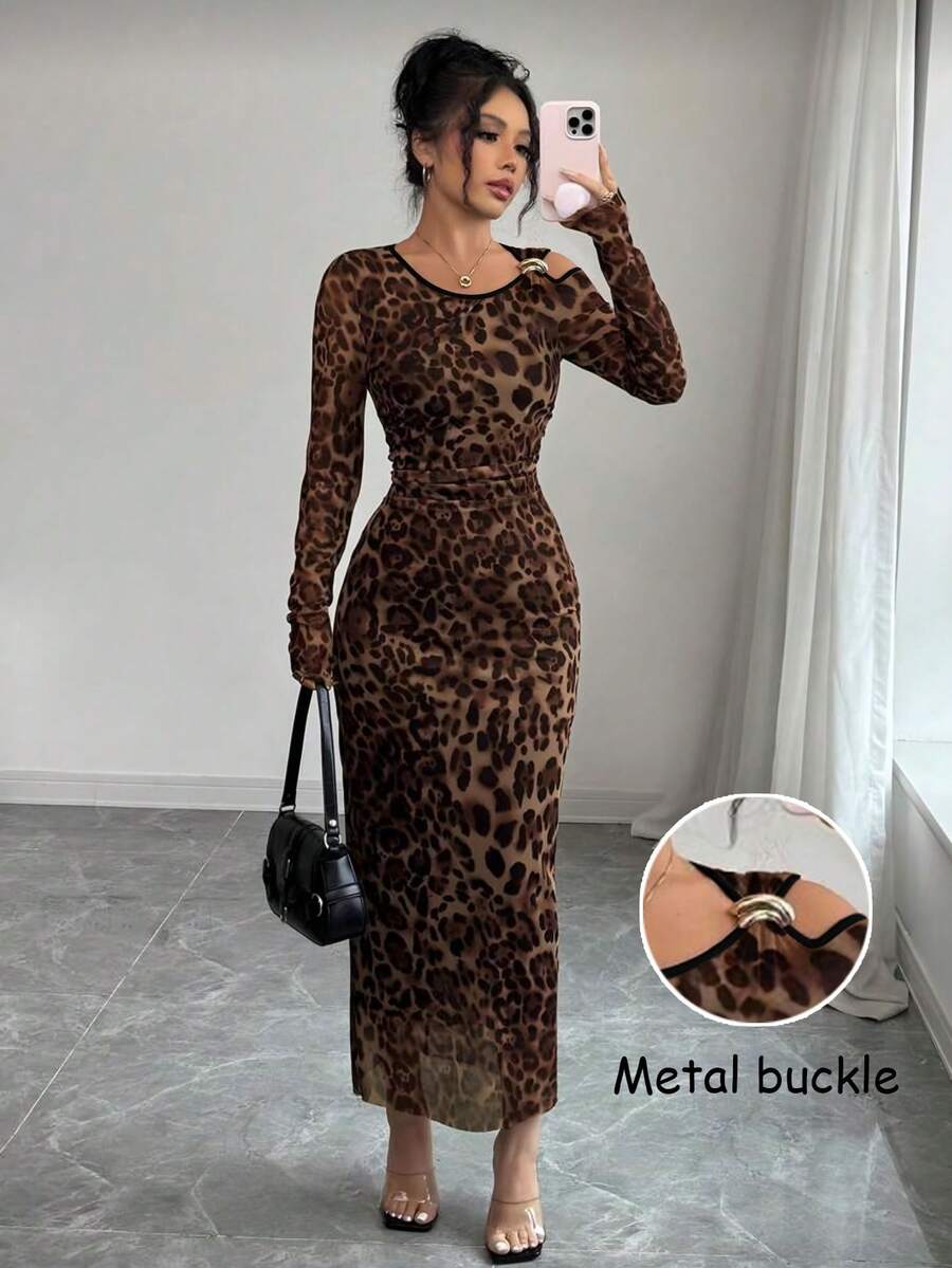 Selianne Elegant Fitted Metal Decor Hollow Out Shoulder Dress, Sexy Leopard Print For Women - Brown - View 1