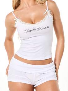 SUMWON WOMEN Lace Trim Cami Top And Fold Over Shorts Lounge Set Sleepwear Pajama Set Ribbed Cotton Blend Nightwear Comfort Wear Relaxation Outfit Home Wear Set - White - View 6