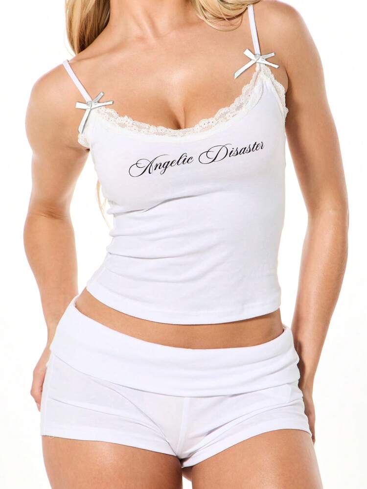 SUMWON WOMEN Lace Trim Cami And Fold Over Shorts Set