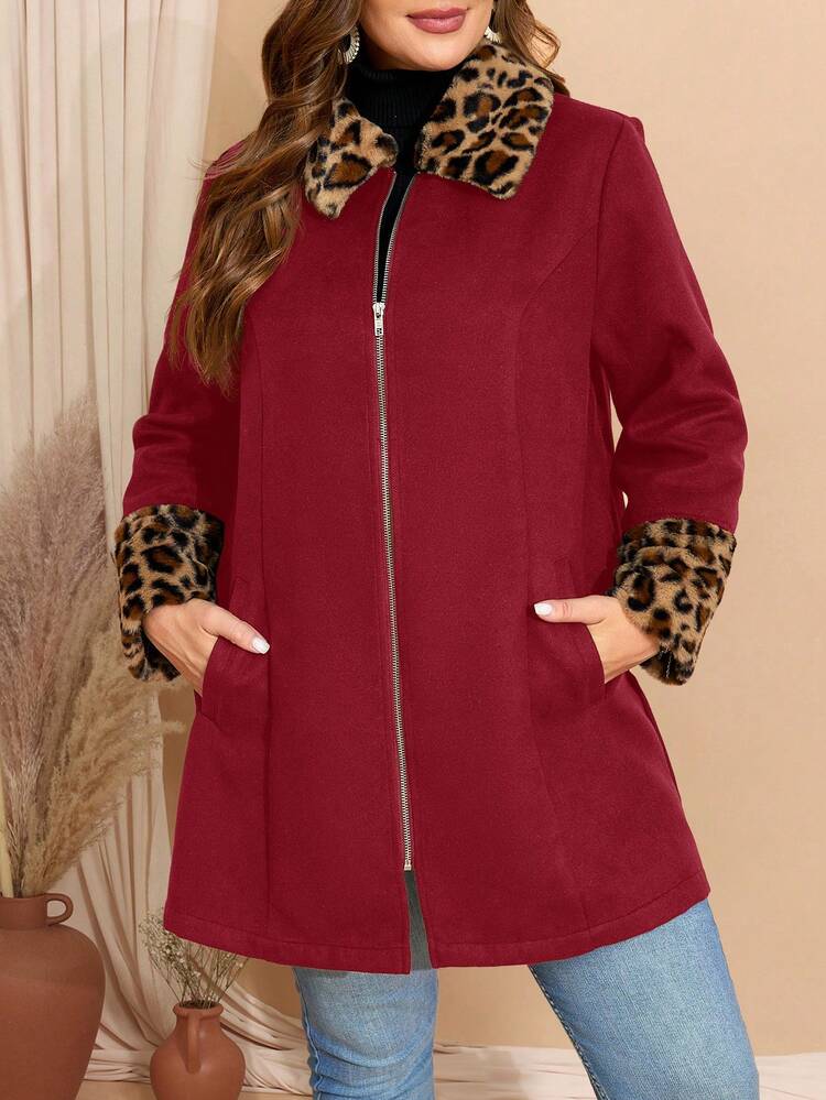 플러스 사이즈 가을 커브 추수 감사절 여성 레오파드 프린트 패치워크 모직 오버코트, 가을 겨울 새해 크리스마스 여성용