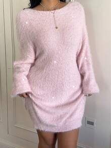 Sunnyshic Plus Size Women's Sequin Backless Sexy Long Sleeve Sweater Dress, Pink For Valentine's Day - Pink - View 2