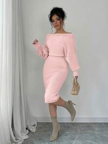 Elenzga Nouvelle robe femme avec décoration de boutons tricotés, manches lanternes, robe décontractée ajustée et sexy - Rose pâle - Voir 3