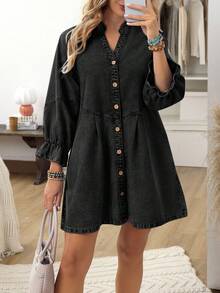 EMERY ROSE Women's Casual Notch Neck Button Front Loose Denim Dress, Autumn - Black - View 5
