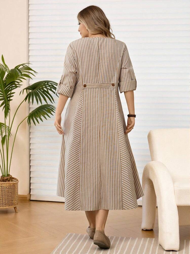 Plus Size Women Round Neck Striped Button Decor Pocket Casual Dress, Thanksgiving Outfit For Women, , New,Spring/Summer/Vacation