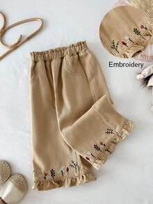 LMoss Kids Baby Girl Floral Embroidered Loose Khaki Denim Pants,Fall Clothes,Winter Clothing ,Casual And Fashionable Vacation Outfits,2000s Style  ,Christmas Clothing ,Winter Denim Bottom, Khaki Bottom,Girl Vintage  Clothing,Girl Vintage  Pants