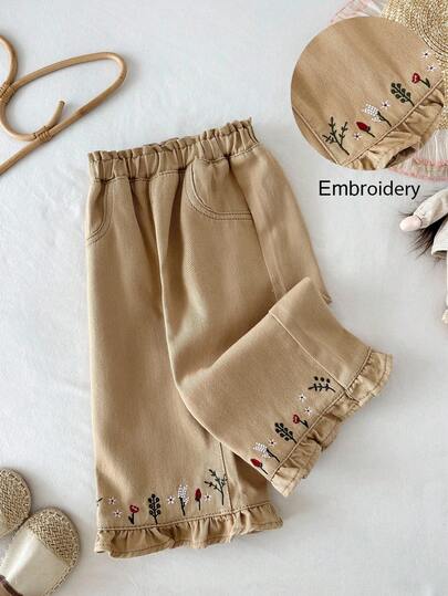 LMoss Kids Baby Girl Floral Embroidered Loose Khaki Denim Pants,Fall Clothes,Winter Clothing ,Casual And Fashionable Vacation Outfits,2000s Style  ,Christmas Clothing ,Winter Denim Bottom, Khaki Bottom,Girl Vintage  Clothing,Girl Vintage  Pants