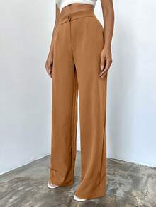 SHEIN 女士纯色高腰褶裥直筒休闲裤 - 棕色 - 查看 4