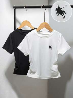 SHEIN 女の子用フィットしたファッショナブルTシャツ、ホワイト&ブラック、スポーツやカジュアルウェアに適した活発なデザイン