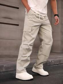 Manfinity Homme Men's Solid Color Drawstring Waist Cargo Pocket Pants, Fall - Light Grey - View 4