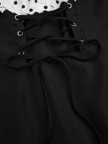 Sweetra Đầm chữ A tay dài khoét sâu chấm bi cổ chữ U màu tương phản có dây rút phía trước cỡ lớn dành cho nữ - Đen và trắng - Xem 6