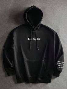 SLATEMANN 宽松版型男士标语图案落肩黑色字母洛杉矶长袖连帽衫，适合朋友、丈夫、男朋友的礼物，秋季 - 黑色 - 查看 4