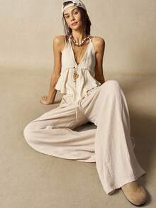 Bohemela 女士纯色编织吊带背心一件 - 杏色 - 查看 2