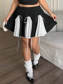POPSWAY Plus Size Casual Cinched Waist Contrast Color Patchwork A-Line Skirt Shorts - Black and White - View 5