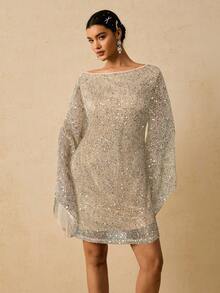 Freevana 大码女式亮片装饰船领休闲日常通勤长袖连衣裙 - 杏色 - 查看 5