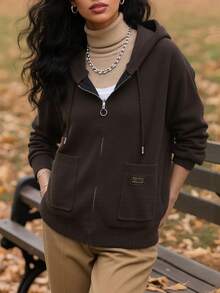 Chaqueta para mujer con capucha de tejido de punto, chamarra para dama con cremallera y bolsillos grandes, colores café y beige, cálida para días frescos - Café integral - Ver 6