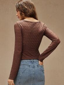 WESTFADE Western Cowgirl Lace Boatneck Ruched Split Side Semi Sheer Fitted Long Sleeve T-Shirt Spring Break - Coffee Brown - View 3