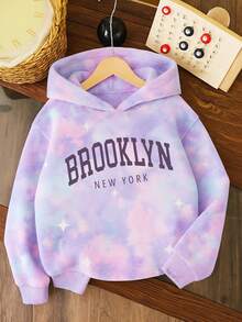 Sudadera con gorro y estampado Nueva York para niña preadolescente. Sudadera casual y cómoda para otoño e invierno. Ropa linda, suave y lavable a máquina. Casual y de moda, adecuada para viajes, fiestas y uso diario. 1 pieza Sudadera con capucha forrada de felpa con estampado de Letras para niña preadolescente. - Multicolor - Ver 1
