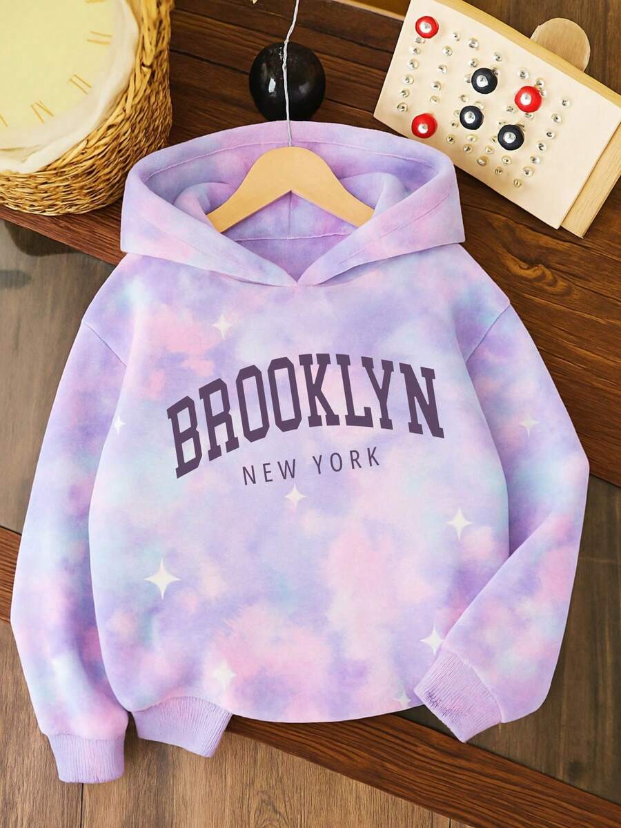 Sudadera con gorro y estampado Nueva York para niña preadolescente. Sudadera casual y cómoda para otoño e invierno. Ropa linda, suave y lavable a máquina. Casual y de moda, adecuada para viajes, fiestas y uso diario. 1 pieza Sudadera con capucha forrada de felpa con estampado de Letras para niña preadolescente. - Multicolor - Ver 1