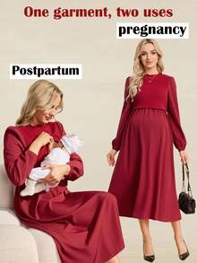 SHEIN Nursing Dress With Long Sleeves, Square Neckline, Nursing Access Design On Top, Ribbed Top And Woven Skirt - Burgundy - View 4