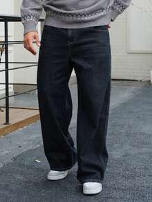 DAZY Jeans de pierna ancha para hombre, tela de denim crudo índigo con diseño de parche, otoño - Azul - Ver 4