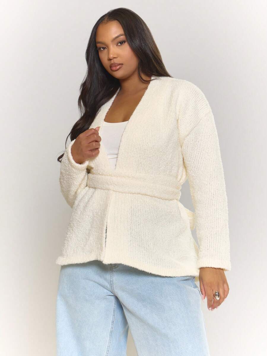 MUSERA Plus Knitted Vneck Wrap Tie Waist Cardigan , Autumm, Winter, Cool Girl, Cosy, Everyday, Tusk - White - View 1