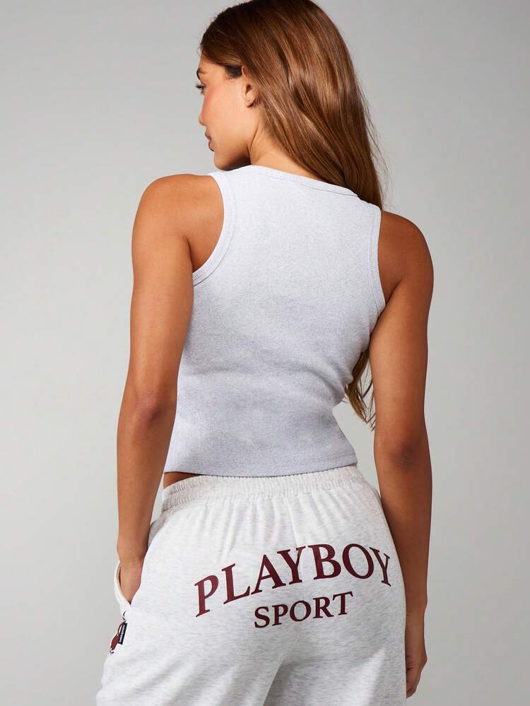 Missguided x Playboy Débardeur côtelé avec logo de lapin, débardeur court à encolure dégagée et coupe ajustée pour un port casual au quotidien