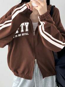 DAZY 女士休闲字母印花宽松卫衣 - 棕色 - 查看 2