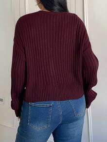 Flirla 大码时尚优雅可爱简约纯色落肩长袖罗纹短款开衫毛衣，适合所有季节，是绝佳的圣诞礼物，春、夏、秋、冬皆宜。 - 酒紅色 - 查看 2