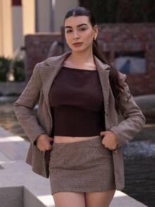 Andrea Bello Retro Chic Commuting Brown Plaid Suit Set - Cinched Waist Blazer Jacket + Low Waist Skirt 2 Pieces Set (Including Shoulder Pads) In Fall/Winter - Multicolor - View 5