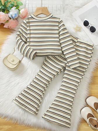 Elladie kids 2pcs/Set Young Girl Casual Striped Round Neck Long Sleeve Top And Flare Pants Set, Autumn
