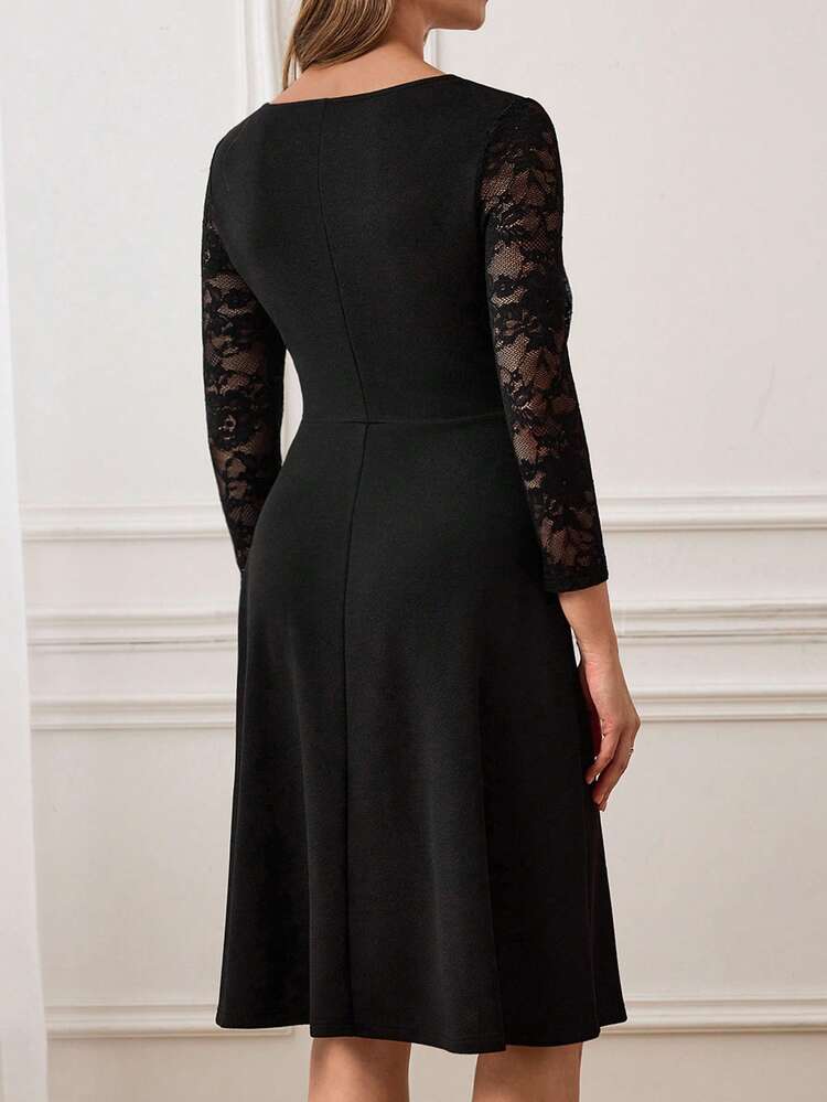 Vestido mini elegante de unicolor con parches de encaje para mujer