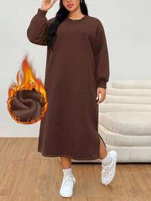 SHEIN EZwear 大码女式棕色长袖休闲卫衣连衣裙，侧开衩下摆，保暖内衬，秋冬款 - 棕色 - 查看 1