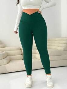 SHEIN EZwear 大码深绿色女式紧身裤 - 墨綠色 - 查看 4