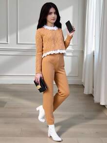 Girls' New Sweet Lace Trim Lazy Solid Color Jacquard Pullover Sweater With Casual Wide Leg Pants, Suitable For Travel, Gatherings, And Back To School - Bronze - View 10