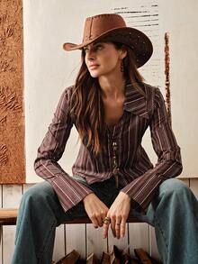 Wildy Áo sơ mi dài tay cơ bản họa tiết sọc đồng quê dành cho nữ, mặc hàng ngày - Cà phê nâu - Xem 8