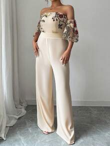 SHEIN PETITE CURVE 大码女式露肩连体裤，优雅别致 - 卡其色 - 查看 5