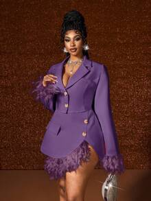 Maweii 2pcs/Set Fashionable Pink Patchwork Faux Fur Blazer Jacket And Mini Skirt Suit - Purple - View 6